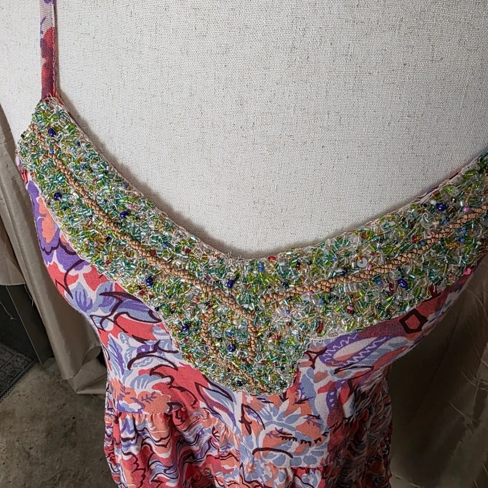 Free People Floral Paisley Beaded V-Neck‎ Tiered Mini Dress Orange Purple XS